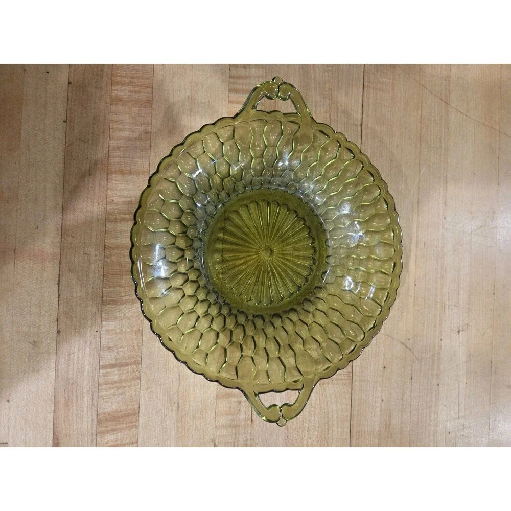 Vintage Indiana Glass Honeycomb Avocado Green Handled Bowl 9